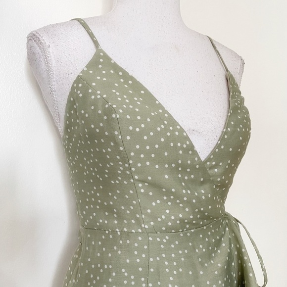 SELFIE LESLIE SAGE GREEN WHITE POLKA DOT SLEEVELESS RUFFLE WRAP DRESS - XS - Picture 5 of 10